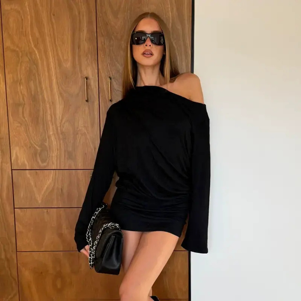 Zara Summer Autumn Solid Color Off Shoulder Slash Neck Long Sleeve Bodycon Dress